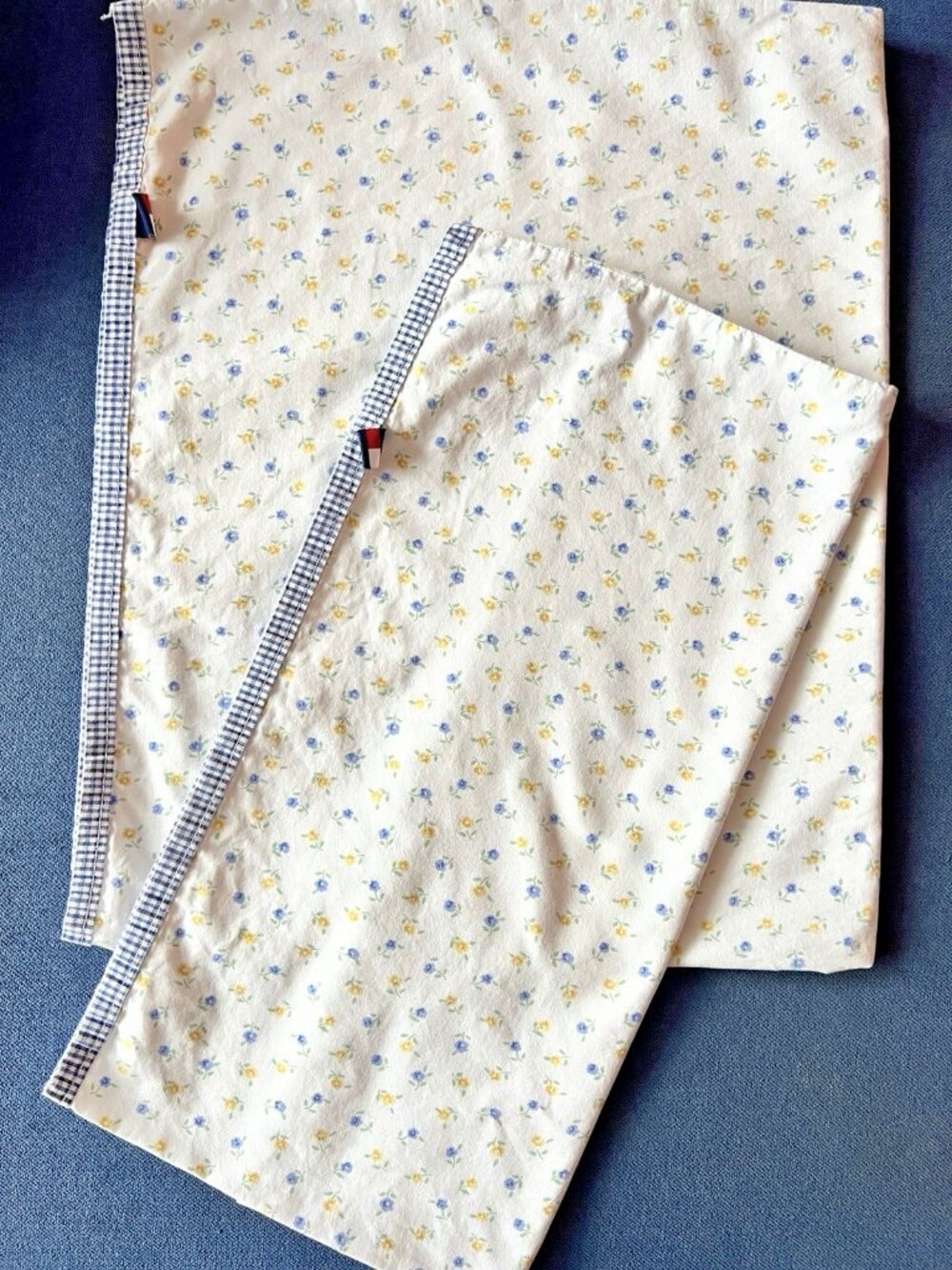 Tommy Hilfiger STANDARD Pillowcase Pair FLORAL Blue Yellow Gingham 100% Cotton